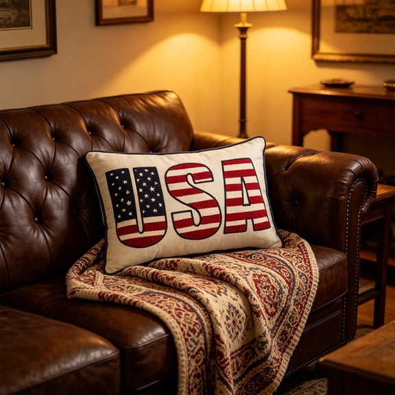 Werulen 38x23cm Knit Texture USA Themed Pillow with Soft Back Fabric, Indoor Sofa Holiday Casual Cushion Matching, Pillow Cover, Couch Accessory, Home Decor