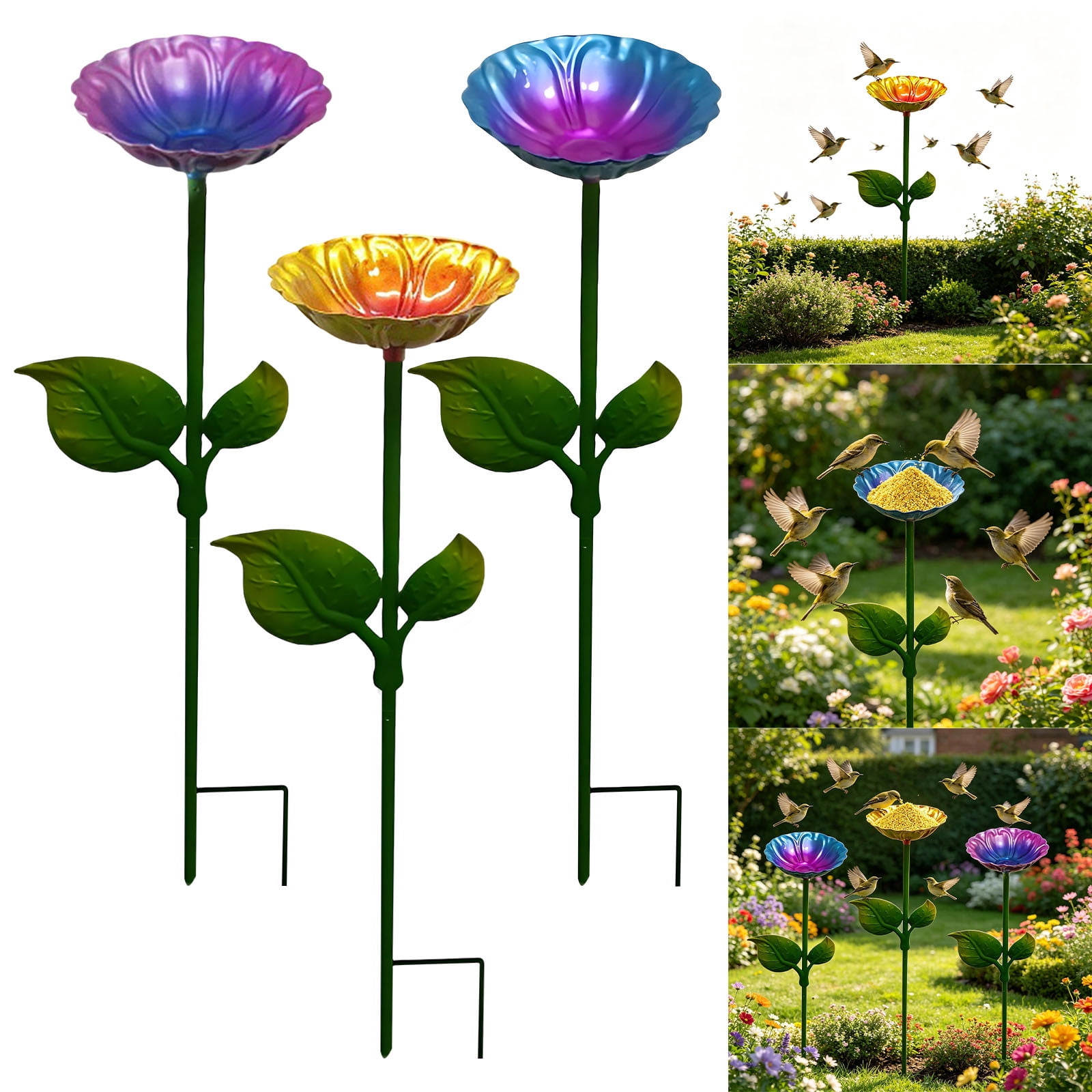 Werulen 3Pcs Iron Bird Bath Ground Stake Sturdy Stable Base,Outdoor Garden Yard Bird Care Feeding,Bird Bath,Garden Yard Decor,Bird Feeding Tool