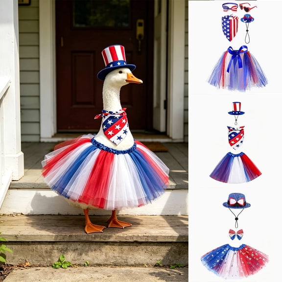 Werulen 3Pcs Patriotic Porch Goose Outfit, Star Mesh Skirt Holiday Prop, Independence Day Yard Costume, Outdoor Garden Festive Decoration, 4Th Of July Farmhouse Accessory