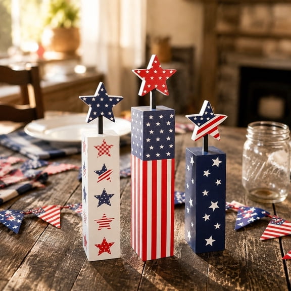 Werulen 3Pcs Patriotic Wooden Block Decor Rustic Charm, 4th Of July Independence Day Table Centerpiece, Festive Home Office Desktop Ornament, Seasonal Holiday Party Accent, Rustic Patriotic Decor