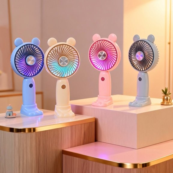 Werulen 4Pcs Cute Bear Ear Handheld Fan with Base Mini USB Rechargeable Portable Fan, Compact Small Fan for Students, Office, Travel & Outdoor Use, Includes USB Charging Cable & Stable Desk Base