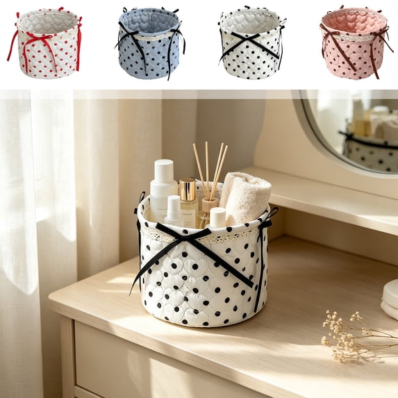 Werulen 4Pcs Round Cosmetic Storage Basket 6x6x5.5in, Desktop Item Organizing Bag, Small Storage Basket Box, Vanity Counter Organizer, Portable Makeup Storage Bin