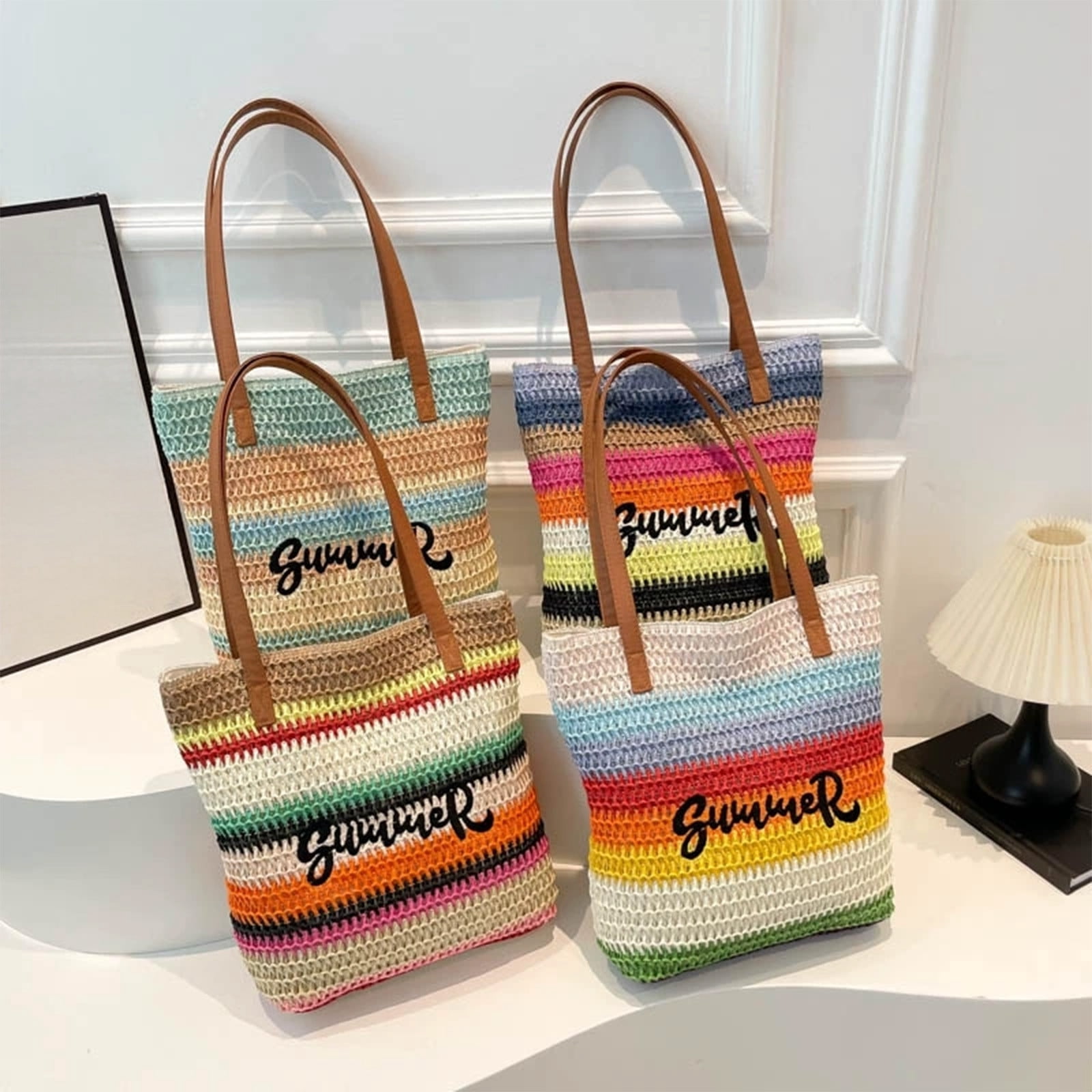 Werulen 4Pcs Summer Crochet Woven Beach Tote Bag for Women,Large Capacity Travel Shoulder Bag,Outdoor Vacation Carrying Pouch,Women Daily Casual Handbag,Portable Travel Storage Bag