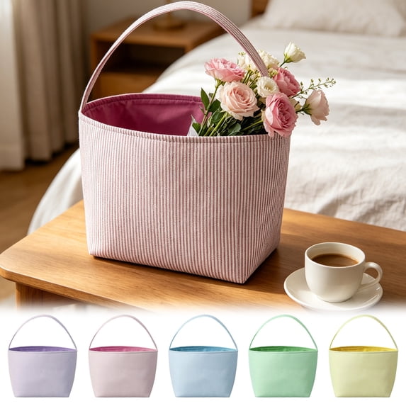 Werulen 5Pcs Striped Fabric Basket Tote Bag, Reusable Grocery Handbag with Handle, Versatile Beach Shopping Organizer, Decorative Storage Basket Purse, Eco Friendly Cloth Tote Bag