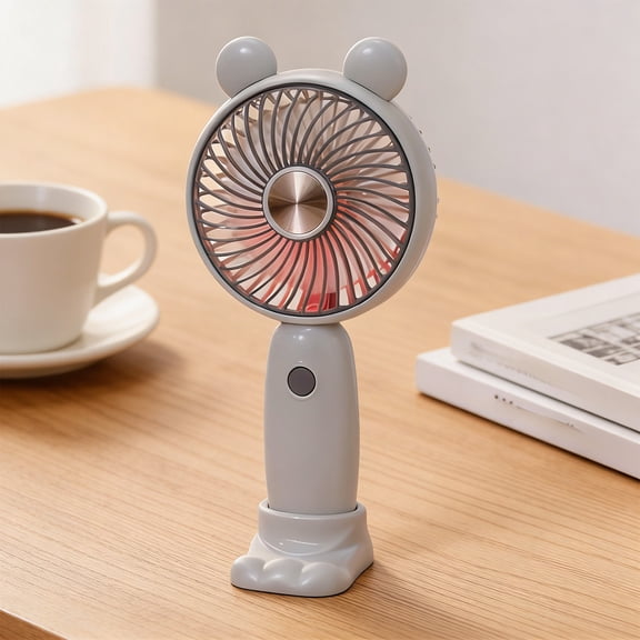 Werulen Cute Bear Ear Handheld Fan with Base Mini USB Rechargeable Portable Fan, Compact Small Fan for Students, Office, Travel & Outdoor Use, Includes USB Charging Cable & Stable Desk Base(Gray)