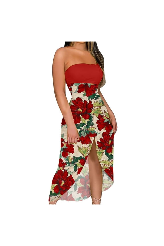 Floral Printed Sundresses for Women, Asymmetrical Pleated Long Maxi Party Dress Sleeveless Strapless Beach Party Dress