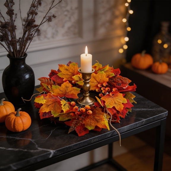 Werulen Halloween Maple Rose Candle Ring Wreath, Decorative Candle Holder for Holiday Party Home Tabletop Decor, Candle Wreath, Halloween Decor, Party Prop