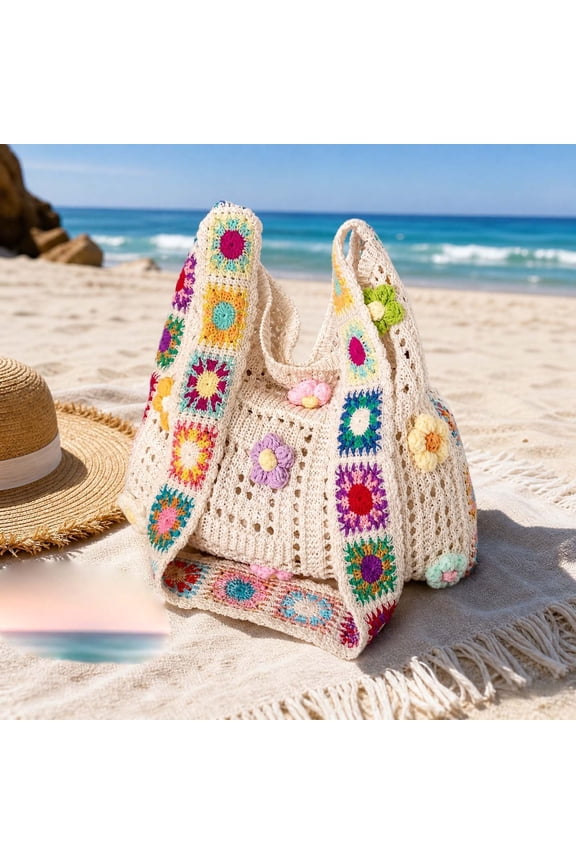 Handmade Knitted Shoulder Bag Boho Style, Colorful Floral Pattern Tote Summer, Woven Chunky Yarn Purse Beach, Artisan Crochet Bag Casual Shopping, Bohemian Knitted Tote Decorative Strap