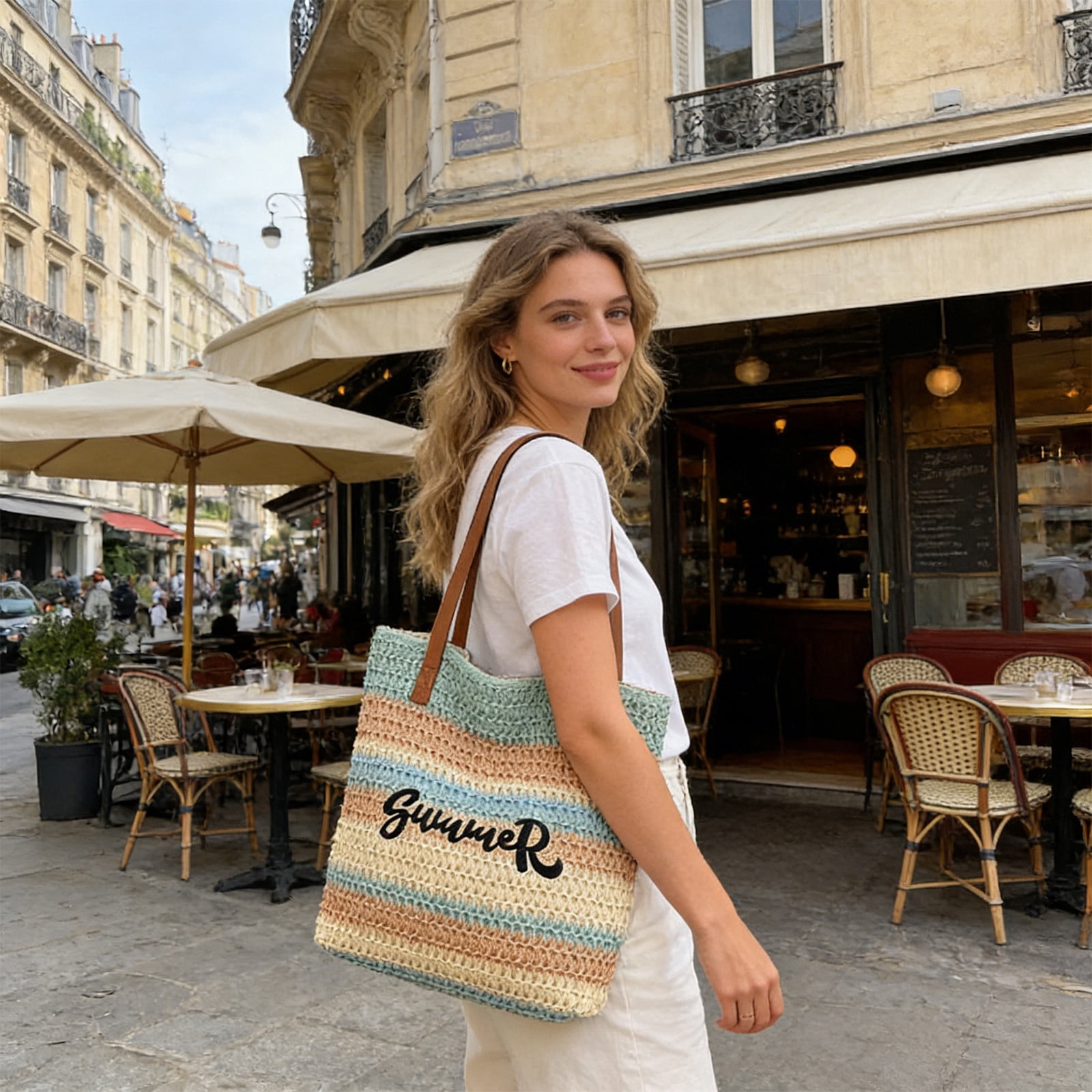 Werulen Summer Crochet Woven Beach Tote Bag for Women,Large Capacity Travel Shoulder Bag,Outdoor Vacation Carrying Pouch,Women Daily Casual Handbag,Portable Travel Storage Bag