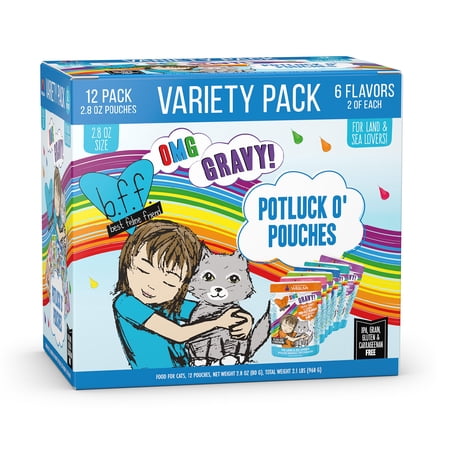 (12 Pack) Weruva BFF OMG Potluck O'Pouches Variety Pack Grain-Free Wet Cat Food, 2.8 oz. Pouches