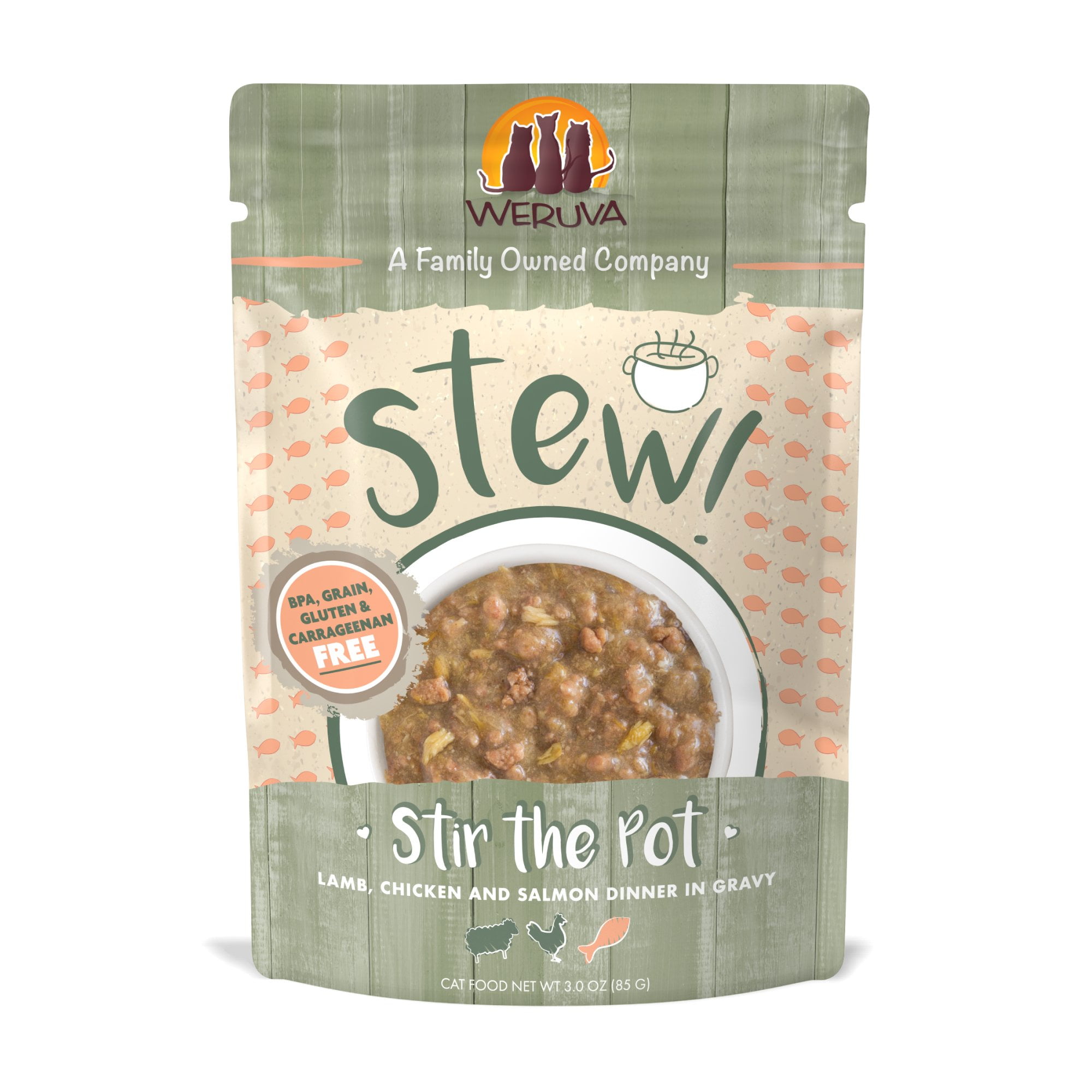 Weruva Stew! Stir the Pot Lamb, Chicken and Salmon Dinner in Gravy Wet Cat Food, 3 oz., Case of 12