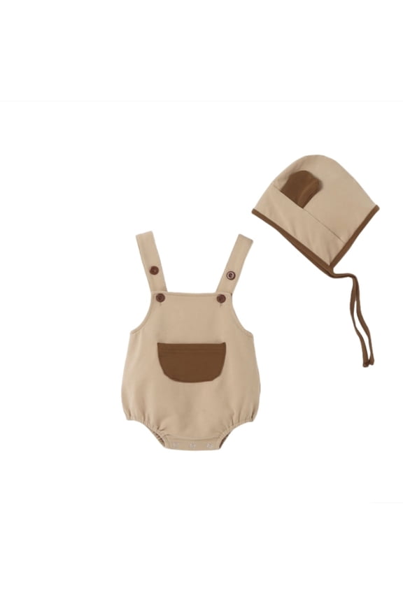 Girls Baby Boys Summer Cartoon Long Sleeve Shorts Cap Hats Bodysuit Girls Trendy Onesie,Khaki,6-12 Months