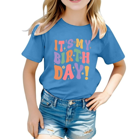 Weryoung Girls Birthday Tshirts Summer Short Sleeve Round Neck Themed Printed T-Shirts Baby Stylish Tee,Blue,4-5 Years