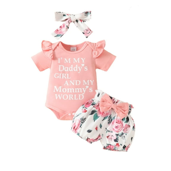 Weryoung Girls Baby Clothes Summer Outfits Short Sleeve Daddy Mama Saying Romper Floral Shorts Headband Kids Classic Summer Outfits,Pink,9-12 Months