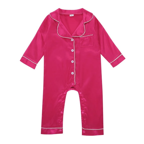 Weryoung Girls Boys Pajamas Rompers Button Long Sleeve Satin Jumpsuit Girls Trendy Bodysuits,Hot Pink,3-6 Months