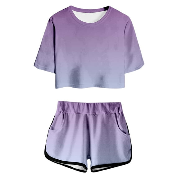 Weryoung Girls Print Short Sleeve Top And Shorts Sets Round Neck Pocket Casual Outfits For Teens And Juniors Lightweight And Comfortable Baby Trendy Summer Outfits,Purple,4-5 Years