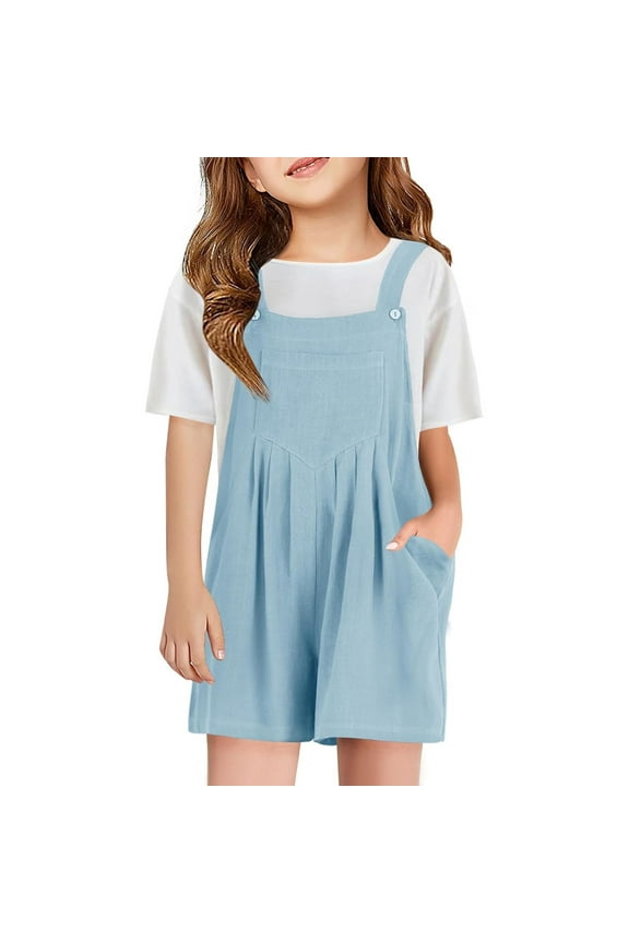 Girls Summer Casual Adjustable Strap Rompers With Pockets Kids Sweet Onesie,Light Blue,6-7 Years