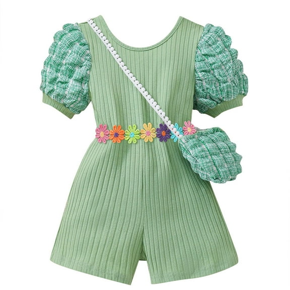Weryoung New Girls Casual One-Piece Set Buble Sleeves Bodysuit And Bag Kids Cute Onesie,Green,3-4 Years