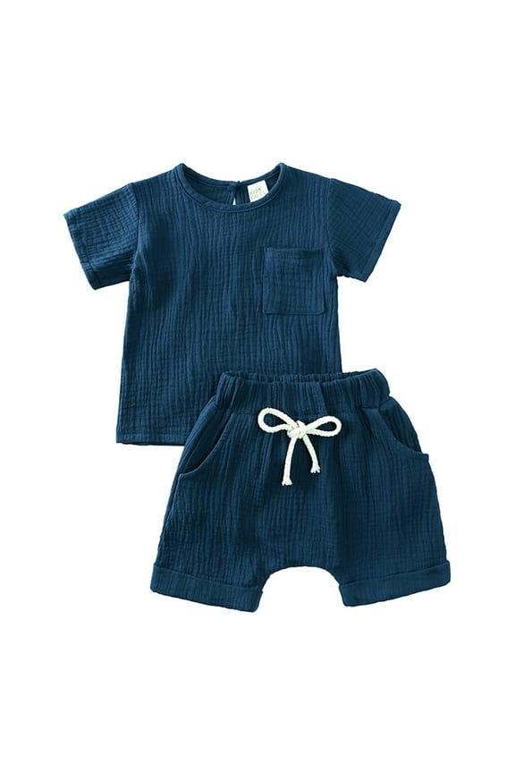 Toddler Baby Boy Girl Linen Outfit Short Sleeve T Shirt Tops Elastic Shorts Set 2Pcs Casual Summer Clothes Boy Funny Shirt Shorts Set, Navy, 100