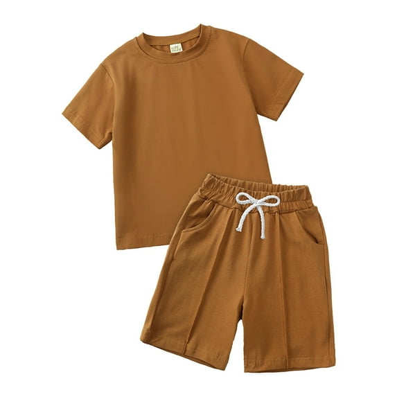 Weryoung Toddler Kids Baby Boys Girls 2 Piece Tracksuit Summer Outfits Solid Short Sleeve T Shirt With Shorts Set Boy Trendy Shirt Shorts Set, Brown, 4-5 Years