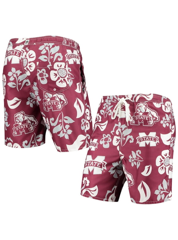 Men's Wes & Willy Maroon Mississippi State Bulldogs Floral Volley Logo Swim Trunks