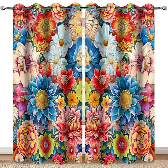 Wesan Boho Floral Blackout Grommet Curtains Flower Pattern 84" x 63", 2 Panels