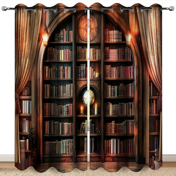 Wesan Art Deco Bookshelf Blackout Grommet Curtains, 84" x 63", 2 Panels