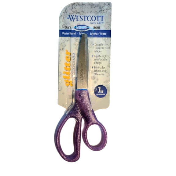 Wescott Medium Duty Glitter Handle Scissors - Purple - 10 Year Warranty - Ideal for School & Office Use - Poster Board, Fabric & Layers of Papers