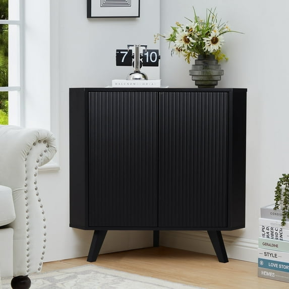 Weselon 25.59" Floor Corner Storage Cabinet, Wooden Triangular Corner Cabinet with Storage Shelves for Bathroom, Living Room, Bedroom, Black