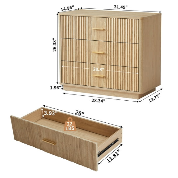 Weselon 3-Drawer Farmhouse Dresser with Waveform, Fully Assembled Nightstand Wooden Finish for Boho, Mid-century, Rustic Style,Oak