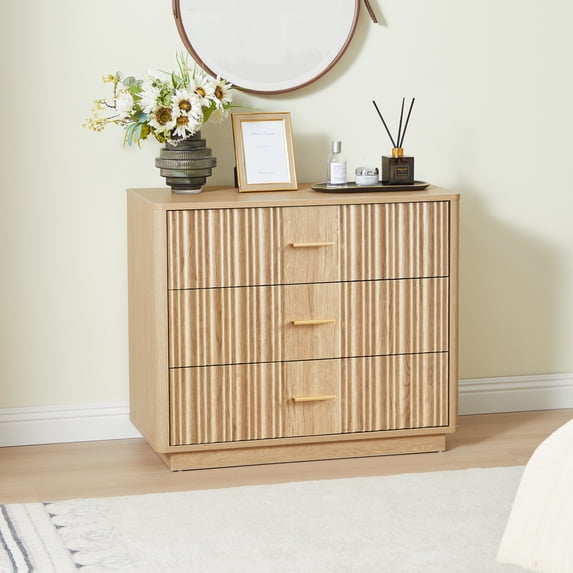 Weselon 3-Drawer Farmhouse Dresser with Waveform, Fully Assembled Nightstand Wooden Finish for Boho, Mid-century, Rustic Style,Oak