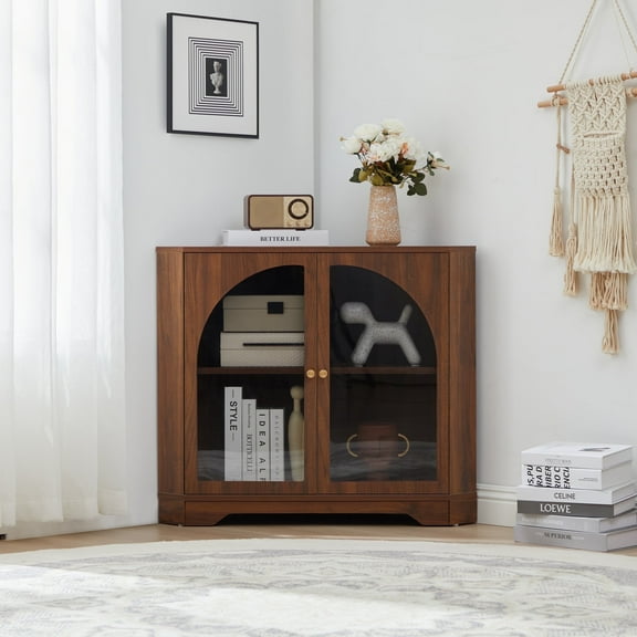 Weselon Mid Century Small Corner Storage Cabinet with 2 Glass Doors, Brown