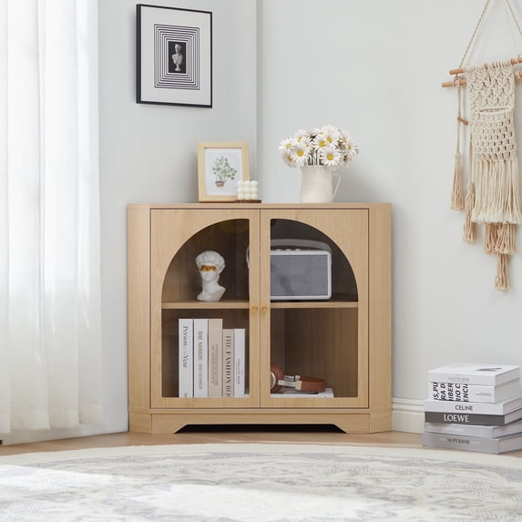 Weselon 31 inches Mid Century Small Corner Storage Cabinet with 2 Acrylic Doors for Living Room, Floor Corner Storage Cabinet, Freestanding Corner Cabinet, Natural