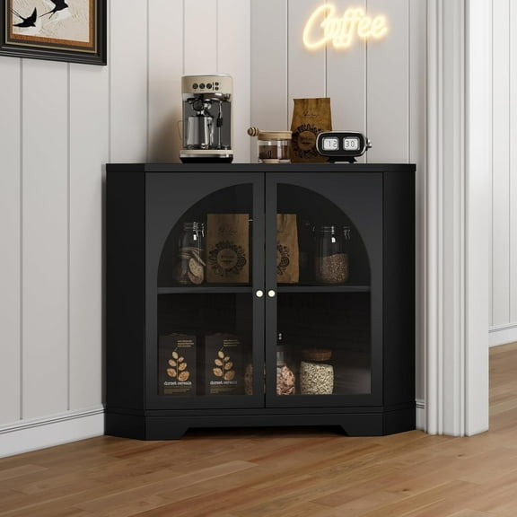 Weselon Modern Small Corner Sideboard Cabinet with 2 Glass Doors and 2 Tier Shelves, 31 Inches