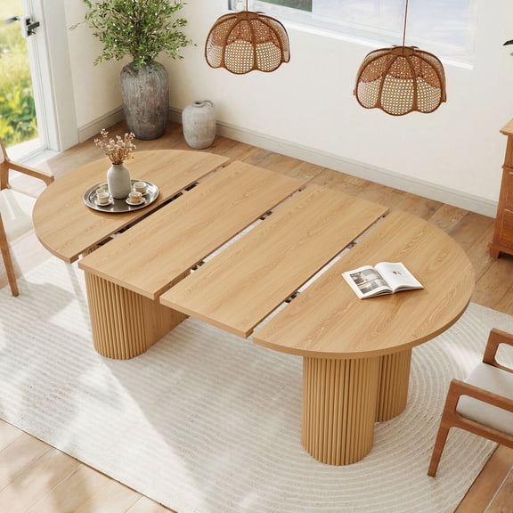 Weselon 43"-75" Extendable Dining Table for 2-8, Modern Oval Kitchen Table with Pedestal Base Legs, Natural Round to Oval Wooden Dining Room Table