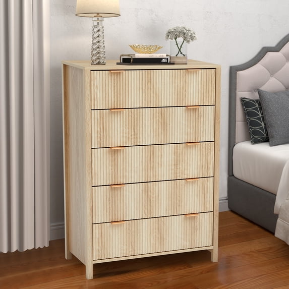 Weselon 5 Drawer Fluted Dresser for Bedroom, Modern Closet Chest of Drawers with Waveform Panel, Wood Storage Dresser Organizer, Oak
