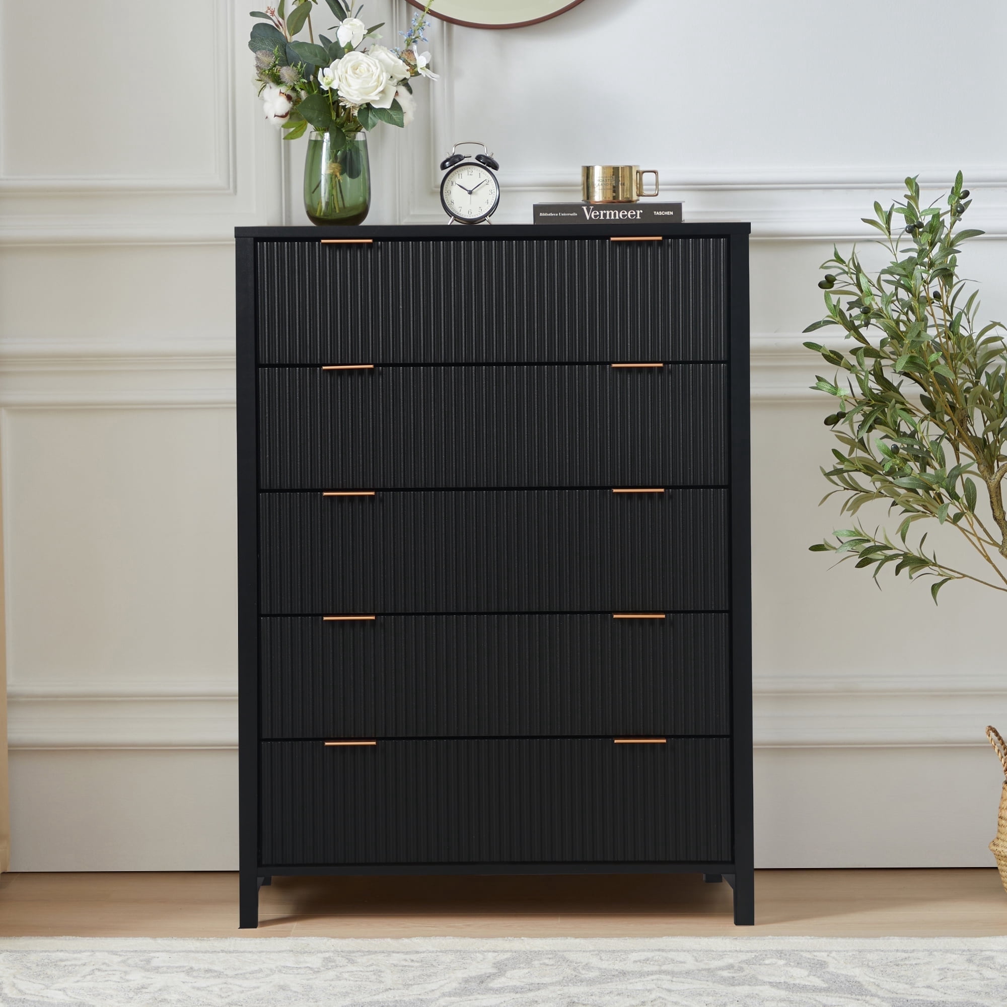 Weselon 5 Drawer Dressers for Bedroom, Modern Closet Chest of Drawers with Waveform Fluted Panel, Large Wood Storage Dresser Organizer for Bedroom Living Room Hallway Closet, Black - Walmart.com