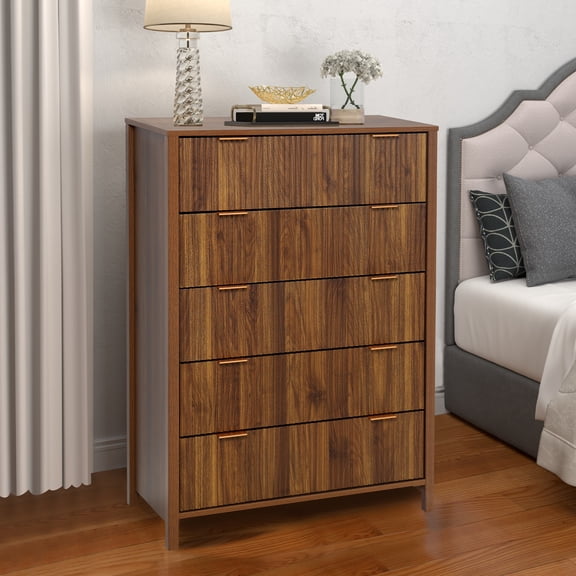 Weselon 5 Drawer Fluted Dresser for Bedroom, Modern Closet Chest of Drawers with Waveform Panel, Wood Storage Dresser Organizer, Walnut