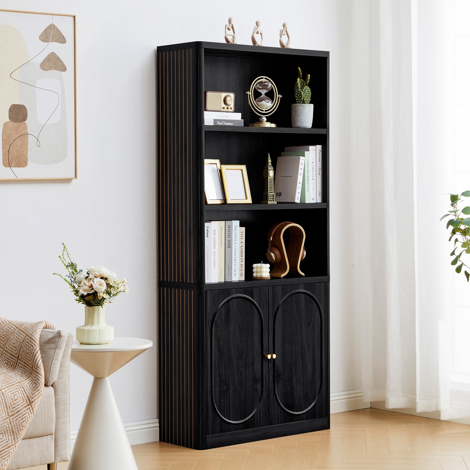 Weselon 5 Tier Bookcase with Storage Cabinet, Tall Bookshelf with Display Cubicles, Farmhouse Large Bookcase for Home Office Living Room, Black