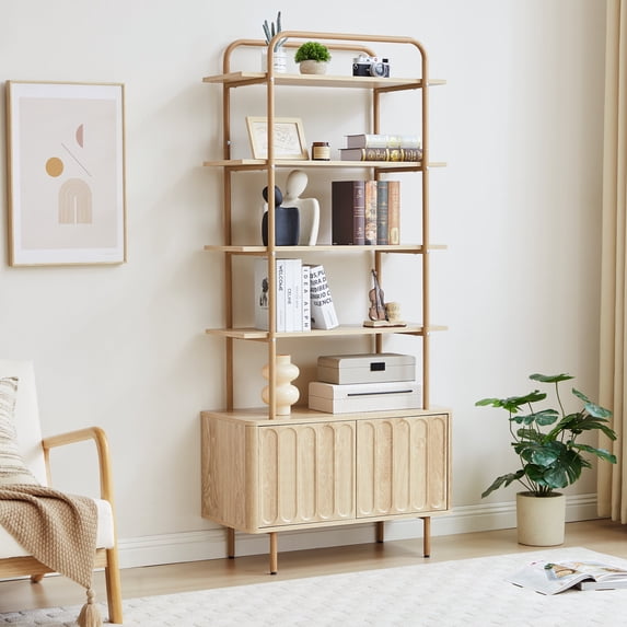 Weselon 5 Tier Ladder Bookshelf with Hidden Storage Cabinet with Doors, Fluted 5-Shelf Wall Mounted Bookcases with Open Display Shelf, Light Honey Wood Finish