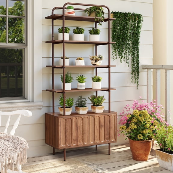 Weselon 5 Tier Open Display Shelves with Doors , Arched Design, Adjustable Shelves and Doors Storage, Adjustable Foot Pad, Brown