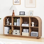 Weselon 55" Long Curved Horizontal Bookcase with 8-Cube Storage, Mid-Century Modern Low Bookshelf Storage Cabinet for Living Room, Entryway, Natural