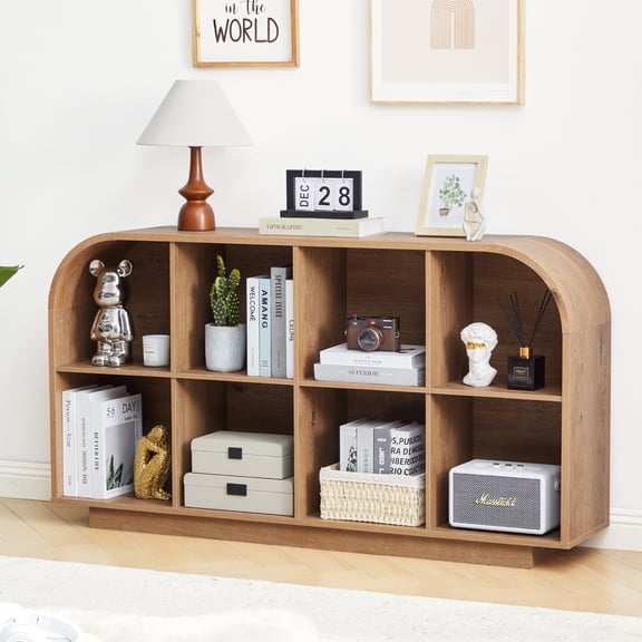 Weselon 55" Long Curved Horizontal Bookcase with 8-Cube Storage, Mid-Century Modern Low Bookshelf Storage Cabinet for Living Room, Entryway, Natural