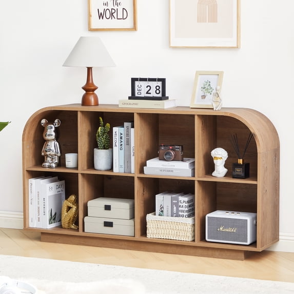 Weselon 55" Long Curved Horizontal Bookcase with 8-Cube Storage, Mid-Century Modern Low Bookshelf Storage Cabinet for Living Room, Entryway, Natural