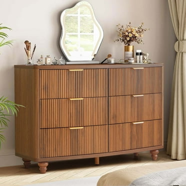 Weselon 6 Drawer Dresser, Wood Chest of Drawers, Modern Fluted Wide Chest of Drawers, Beside Table for Closet, Storage Cabinet Organizer for Bedroom, Living Room and Entryway,Walnut