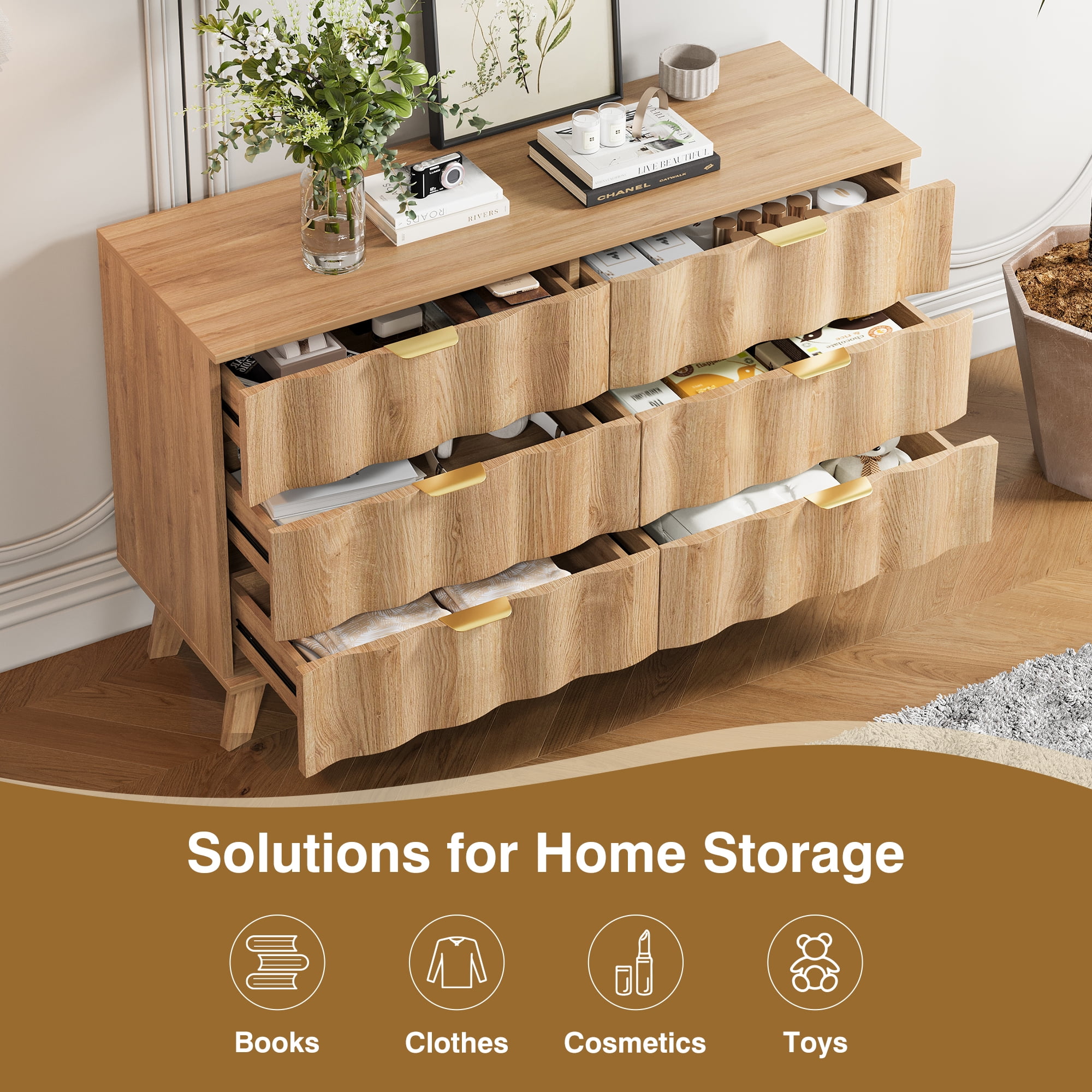 Weselon 6 Drawer Dressers for Bedroom, Modern Closet Chest of Drawers with Waveform Fluted Panel, Large Wood Storage Dresser Organizer for Bedroom Living Room Hallway Closet, Natural