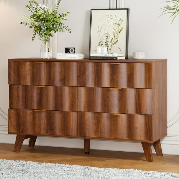 Weselon 6 Drawer Dressers for Bedroom, Modern Closet Chest of Drawers with Waveform Fluted Panel, Large Wood Storage Dresser Organizer for Bedroom Living Room Hallway Closet, Walnut