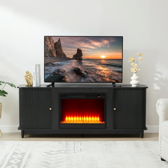 Weselon 63" Fireplace TV Stand with 24" Electric Fireplace for TVs Up to 60",LED Light Entertainment Center and Storage,Highlight Cabinet, 2 Sliding Tambour Doors,Black
