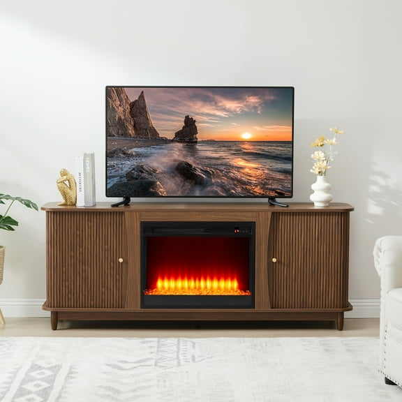 Weselon 63" Fireplace TV Stand , Wood Entertainment Center with Storage and Shelves, TV Console Media Cabinet for Living Room, Walnut