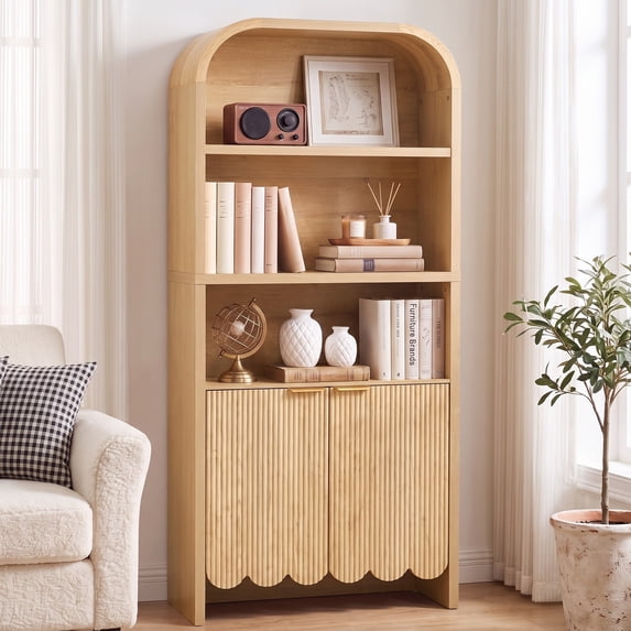 Weselon 70.86" Tall Arched Bookshelf with Fluted Doors, Modern Wooden Bookcase Cabinet, 5-Tier Natural Display Shelf for Living Room Home Office